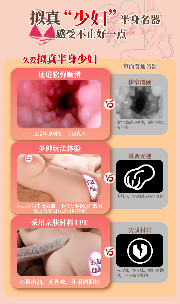 Jiuai Men’s Half-Body Masturbation Cup, Manual TPE Stroker, Flesh Tone — detail image 8