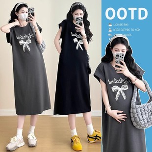 Maternity Wear Short-Sleeved T-Shirt Dress Mid-Length Summer Korean Style Bow Print Loose Dress That Does Not Show Pregnancy