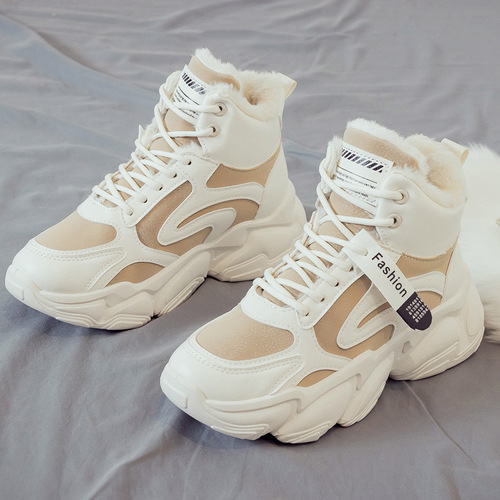 Velvet thickened warm high-top cotton shoes for women  winter new versatile white sports dad shoes winter style