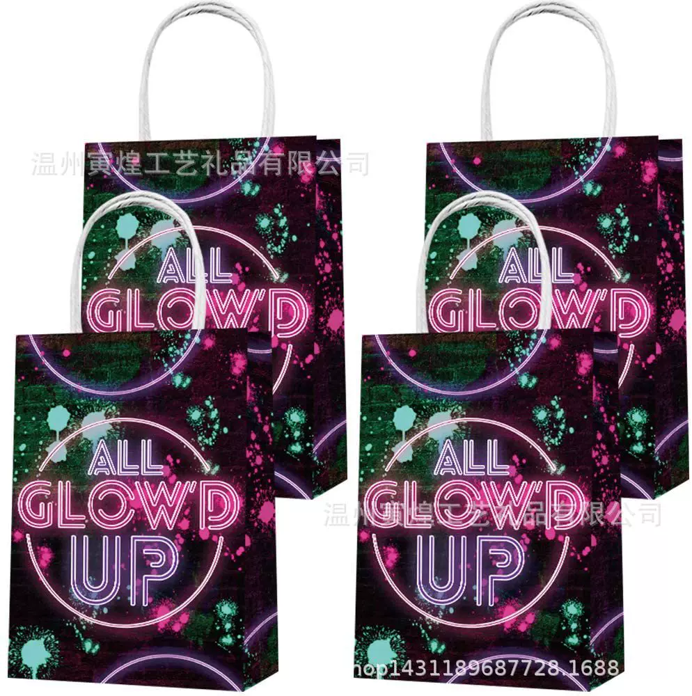 GLOW主题夜光纸袋跨境电商亚马逊生日派对荧光牛皮纸袋