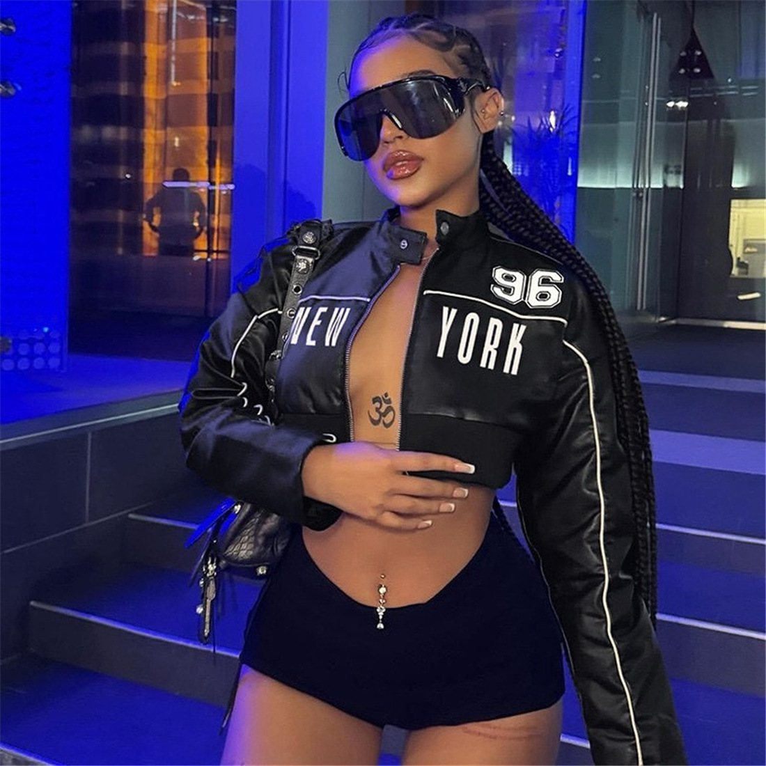 Women's Slim Fit Short Zip up Leather Jacket Autumn Fashion Print Patchwork Outerwear_ecoleips.com