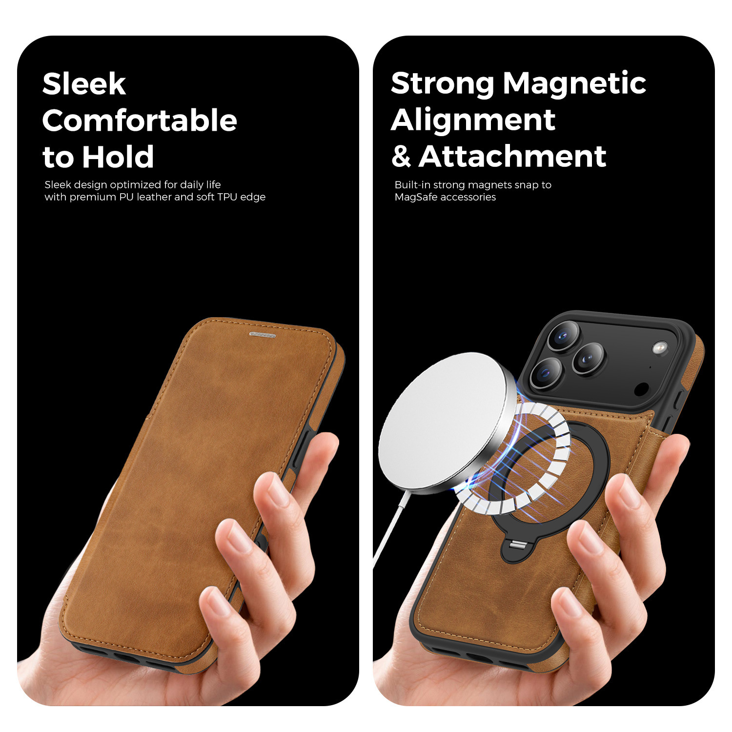 Ốp lưng da lật iPhone 16 Pro Max xoay 360 độ tích hợp giá đỡ từ tính — màu đen, màu xanh hoàng gia, Màu nâu, xám chi tiết 22