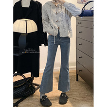 糖糖~慵懒风牛角扣麻花开衫毛衣外套女小个子微喇牛仔裤套装