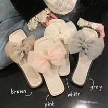 仙女风网纱蝴蝶结平底一字拖鞋女夏季时尚防滑沙滩凉拖鞋网红爆款