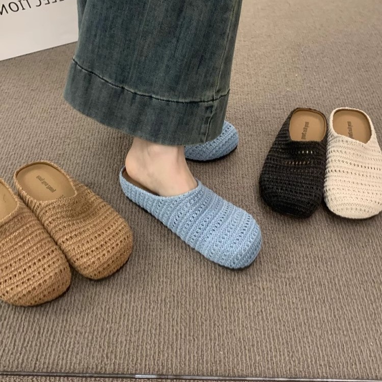 Media pantuflas de puntera transpirable hueca tejida a mano de nicho francés para mujer con zapatos muller de suela gruesa de estilo romano