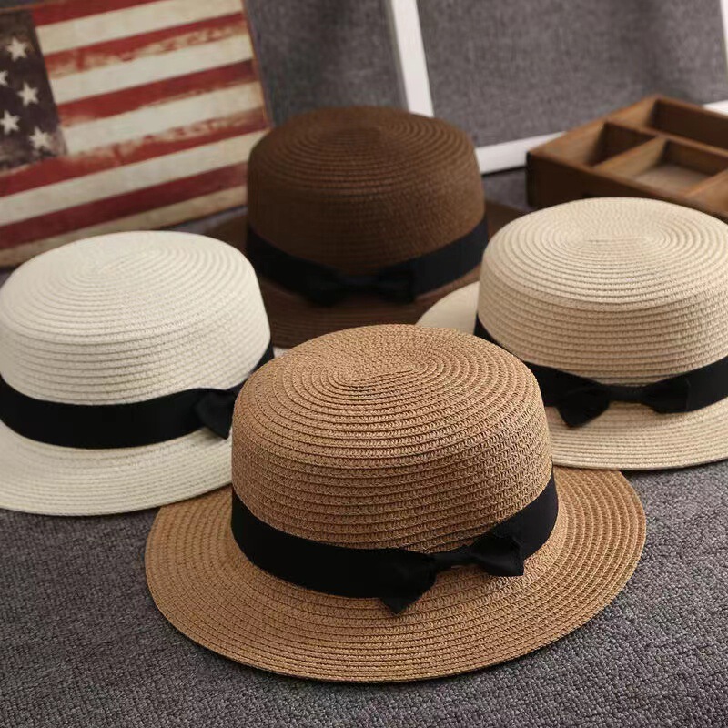 Flat-Top Straw Hat for Women with Bow, Summer Sun Protection, Flat-Brimmed Breathable Retro Top Hat, Sun Protection Beach Hat