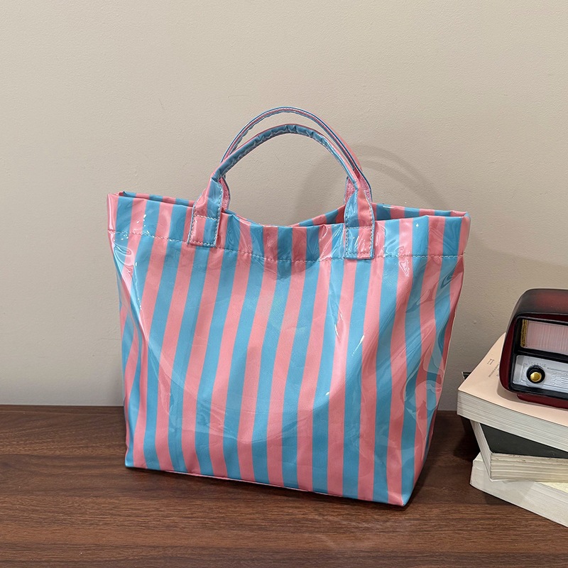Cross-Border 2026 New Pvc Striped Tote Bag for Women, Large Capacity Handbag, Fashionable Color-Blocking Casual Shoulder Bag