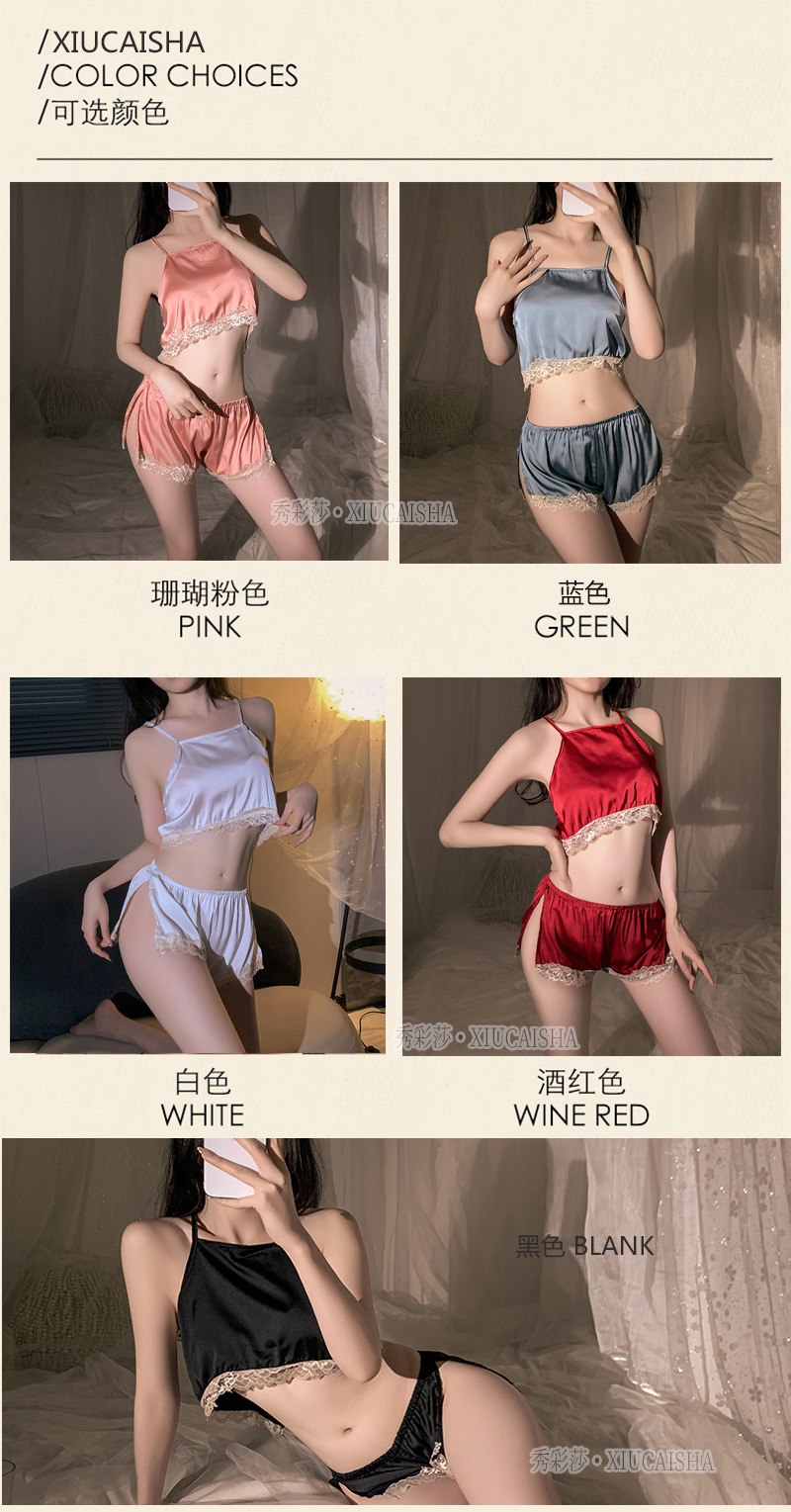 Women’s Sexy Split Sling Lingerie Set with Shorts and White Stockings, Pink One Size — detail image 7