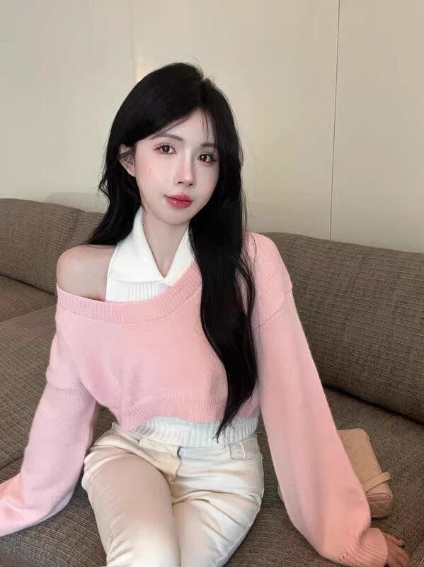 小个子polo领毛衣女学院风秋季新款短款针织两件套装慵懒翻领上衣|undefined