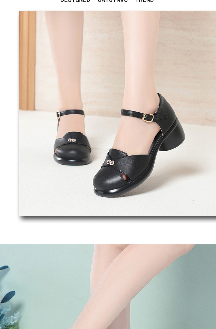 Sandal cao gót nữ quai ngang da bò thật, gót vuông ổn định, đế dày phong cách La Mã — Đen【Da bò lớp đầu】 chi tiết 11