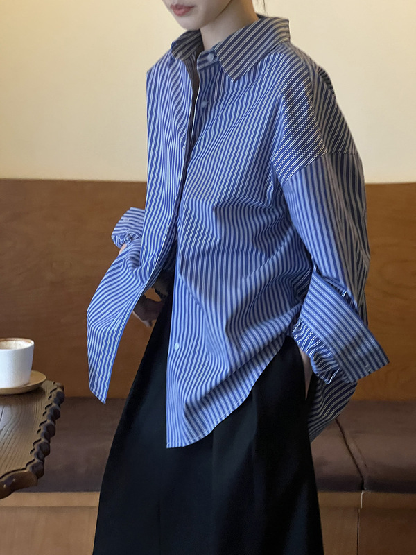 法式复古蓝色条纹衬衫女设计感小众法式上衣慵懒风宽松长袖衬衣外|undefined