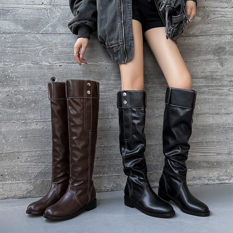 Fashionable Versatile Round-Toe Flat Thick-Heeled Long Boots for Women, Autumn/Winter 2025 New Style, Solid Color, Slimming, Stacked Riding Boots Fashionable Versatile Round-Toe Flat Thick-Heeled Long Boots for Women, Autumn/Winter 2025 New Style, Solid Color, Slimming, Stacked Riding Boots