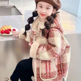 女童秋冬加绒加厚呢大衣时尚新款外套冬季呢子大衣格子安可拉红