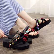 新款高跟拖鞋女夏外穿套脚凉拖民族风复古海边沙滩厚底防滑人字拖