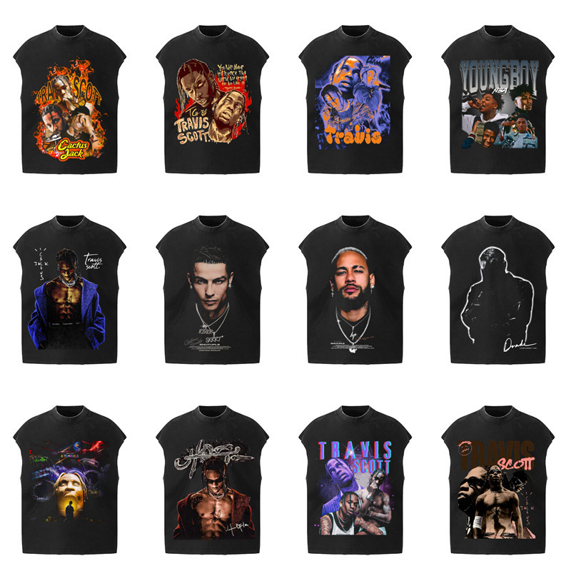25 Cross-Border Trendy Brand Travis Scott Co-Branded Vintage Portrait Washed Sleeveless T-Shirt Men's and Women's High Street Vest