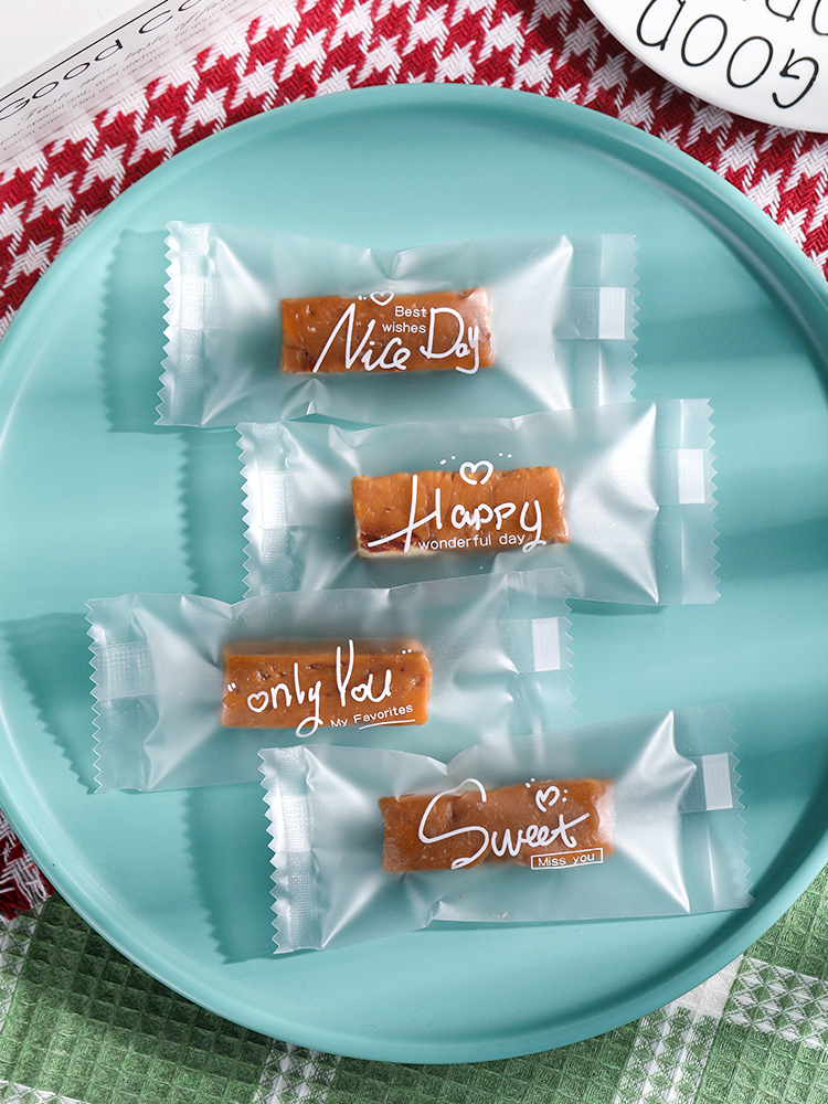 Bolsa de embalaje de nougat, embalaje de toffee, papel de azúcar, bolsas de pastel de leche de mango, sello de máquina transparente, bolsas pequeñas letras esmerizadas