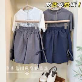 儿童夏季新款休闲短袖套装女童宽松速干印花T恤侧边系带阔腿短裤