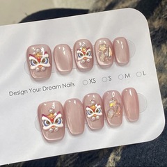 Handmade Wearable Nail Sheet Short Pink Cat Eye Chinese New Year Lion Dance 3D National Style Nail Sticker