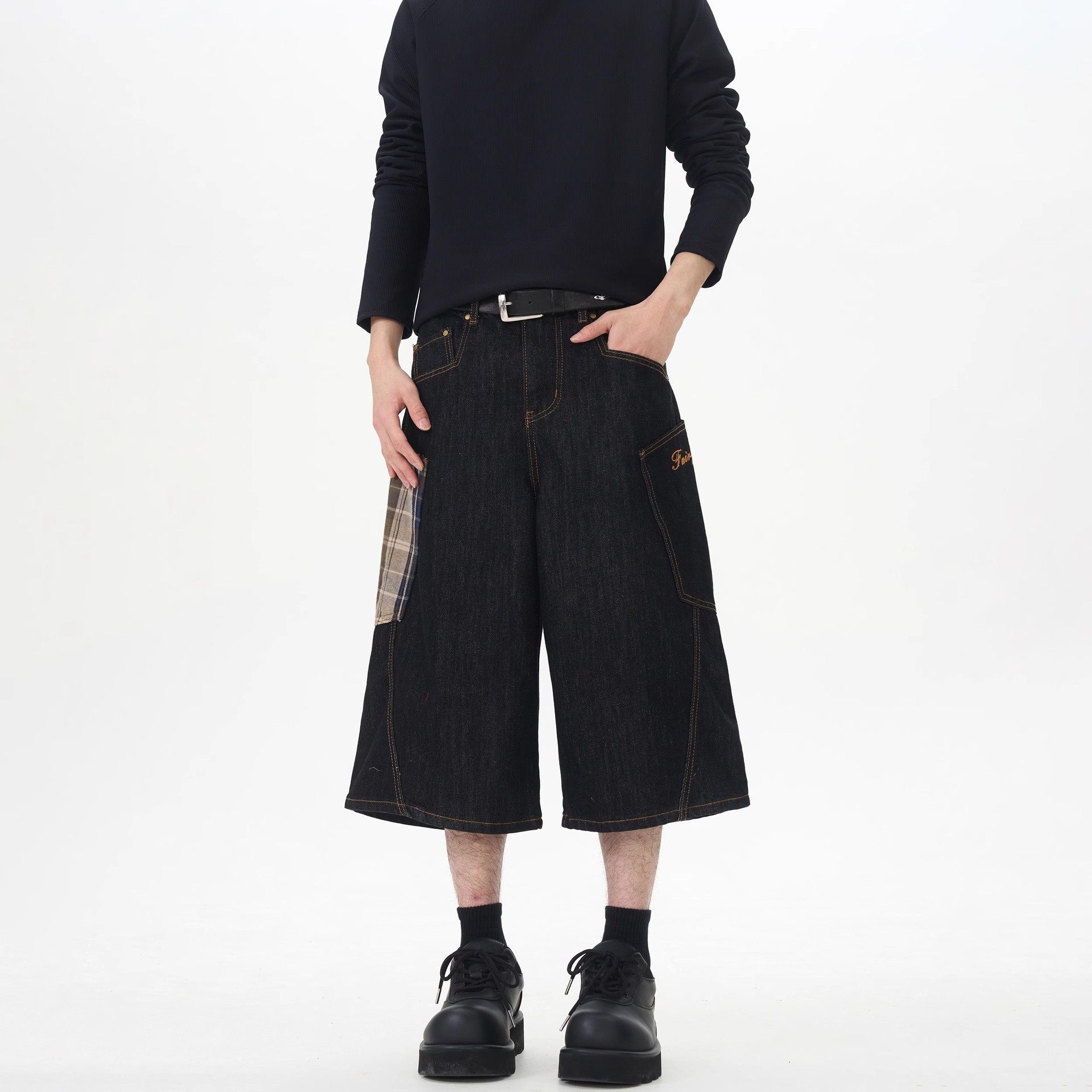 American Retro Plaid Large Pocket Patchwork Cargo Cropped Jeans for Men, Loose Casual Versatile Wide-Leg Mid-Length Pants