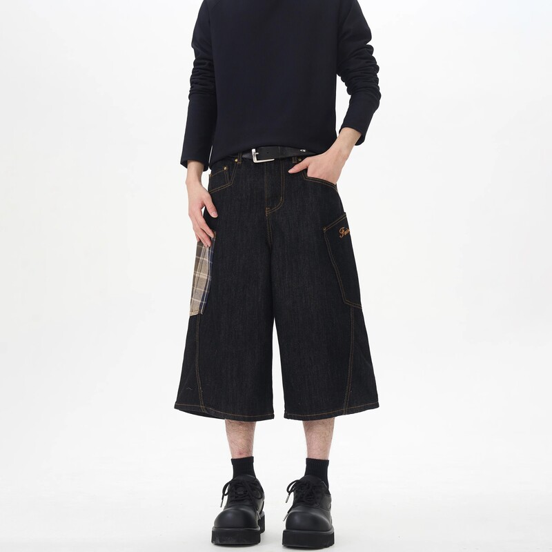 American Retro Plaid Large Pocket Patchwork Cargo Cropped Jeans for Men, Loose Casual Versatile Wide-Leg Mid-Length Pants