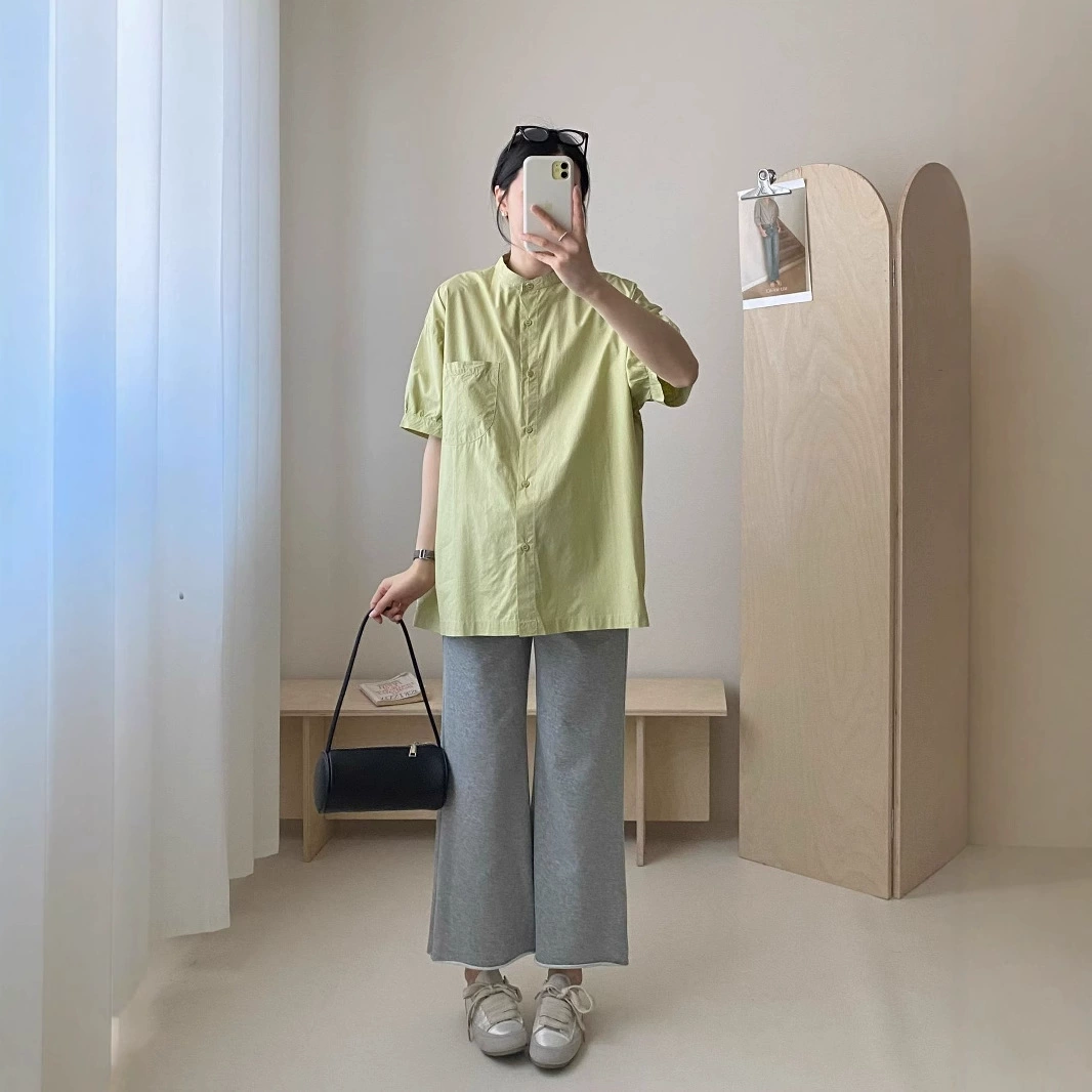 Модная одежда для беременных в корейском стиле, повседневная рубашка с короткими рукавами и воротником-стойкой для беременных, свободная и универсальная модная рубашка для мам для похудения