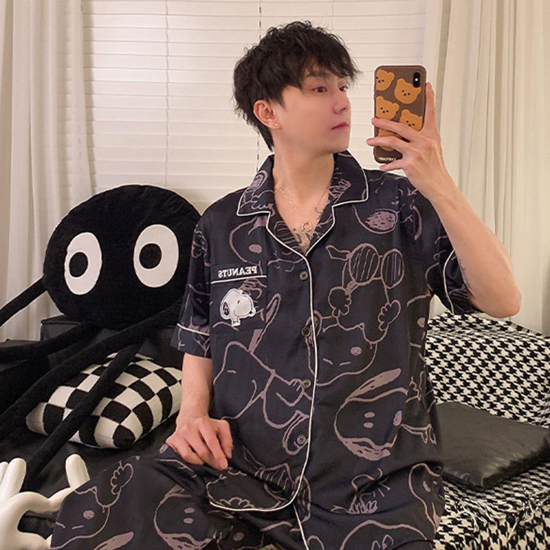 Korean Cartoon Snoopy Pajamas Men's Imitation Cotton Summer Cardigan Short-Sleeved Youth Home Wear Suit Thin Section