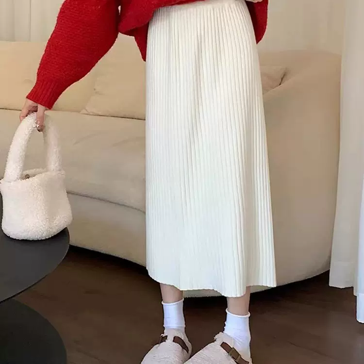 针织半身裙女新款秋冬中长款显瘦包臀一步裙松紧带高腰直筒A字裙