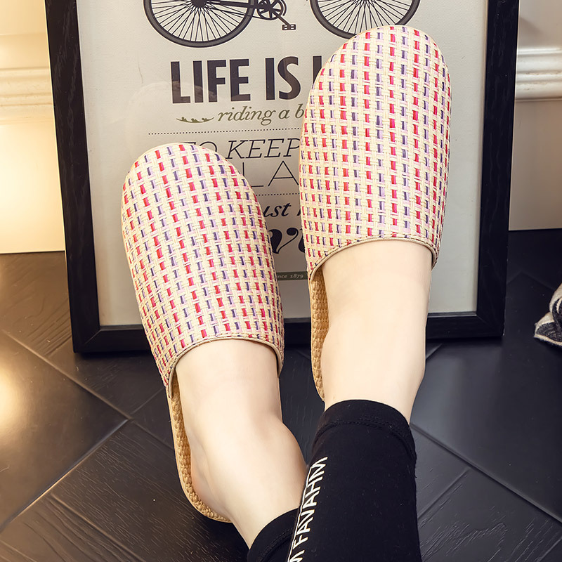 Colorful Striped Toe-Toe Linen Slippers for Men's Summer Home Indoor Silent Non-Slip Sweat-Absorbent Fabric Cotton and Linen Slippers for Women's Home Use