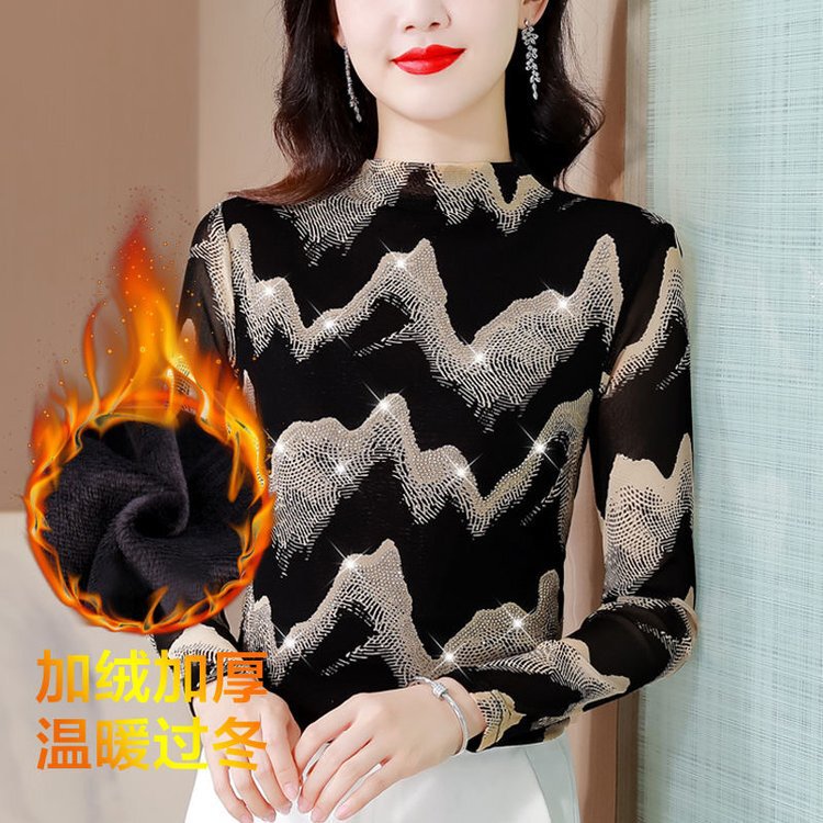 Women's Autumn and Winter Large Size Thickeneded Velvet Bottoming Shirt with Small Stand Collar, Middle-Aged Mother's All-In-One Velvet T-Shirt Bottoming Top