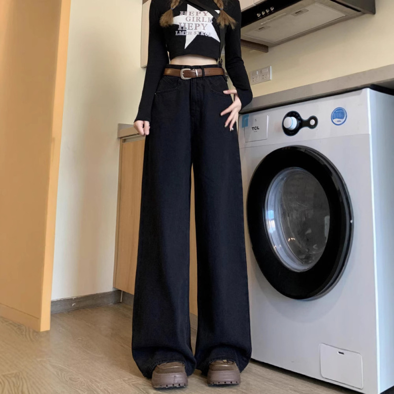 春の新型デザイン感黒レトロなワイドジーンズの女性は腰がゆったりしています。|undefined