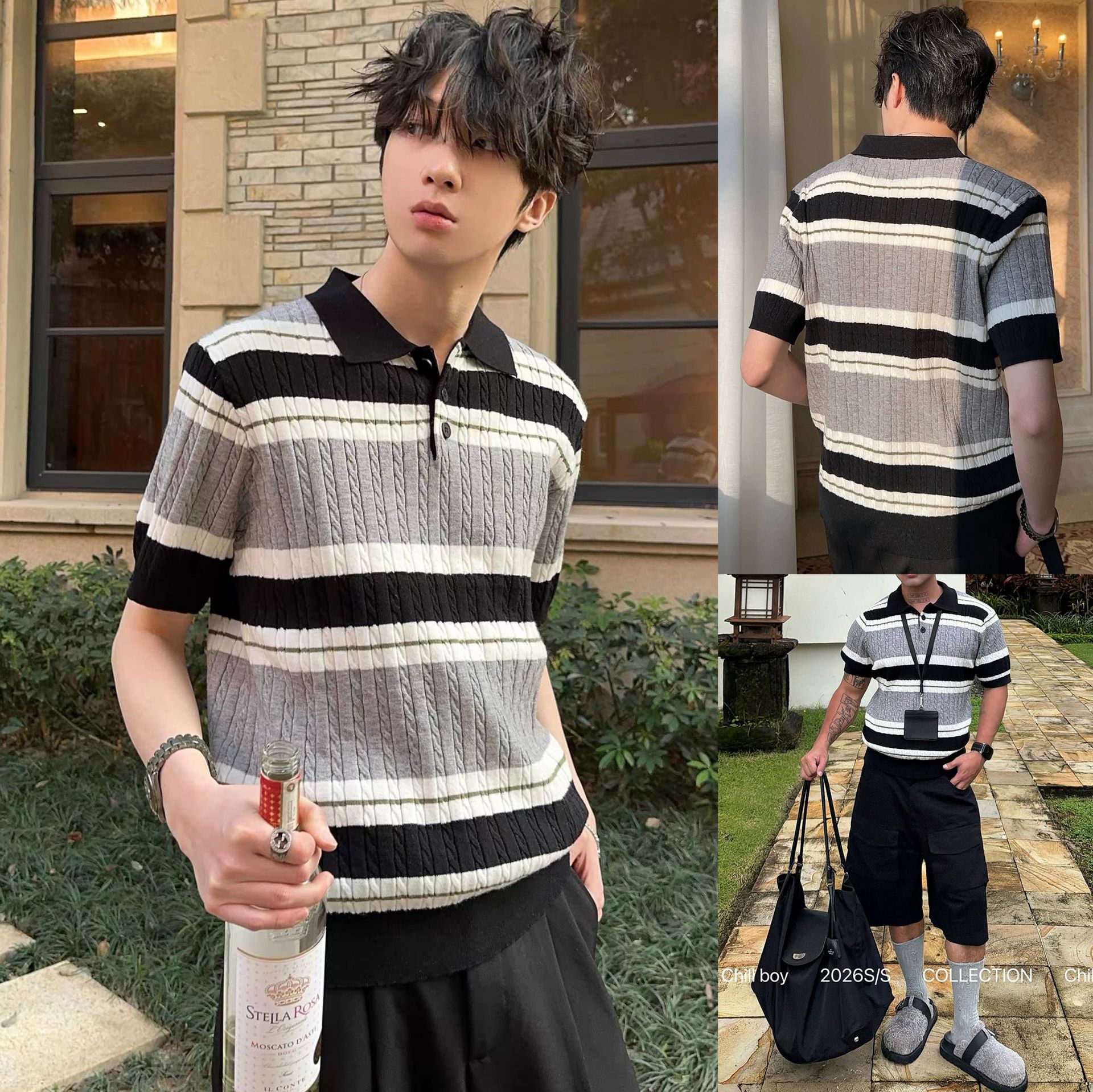Polo camiseta de punto camiseta de manga corta camiseta de cuello de hombre rayas torcidas flores viejas ganancias de verano fábrica transfronteriza al por mayor