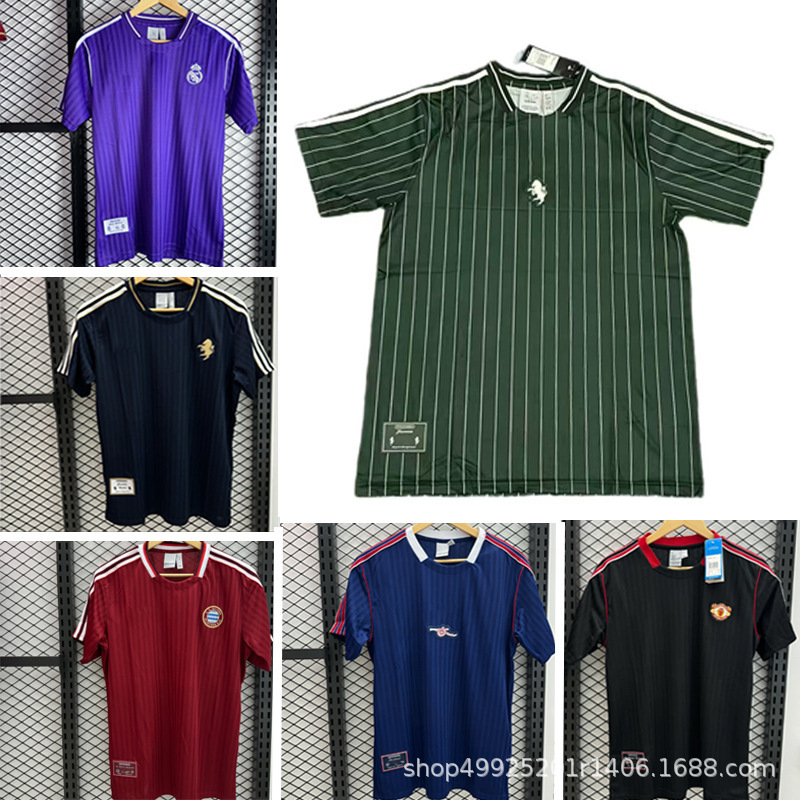 Juventus Short-Sleeved Jersey Real Madrid Arsenal Liverpool Retro Casual Sports Football Striped T-Shirt Fans