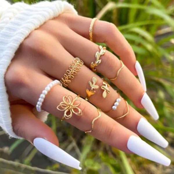 European and American cross-border ring bohemian vintage ring jewelry hollow flower suit pearl ring 10-piece set