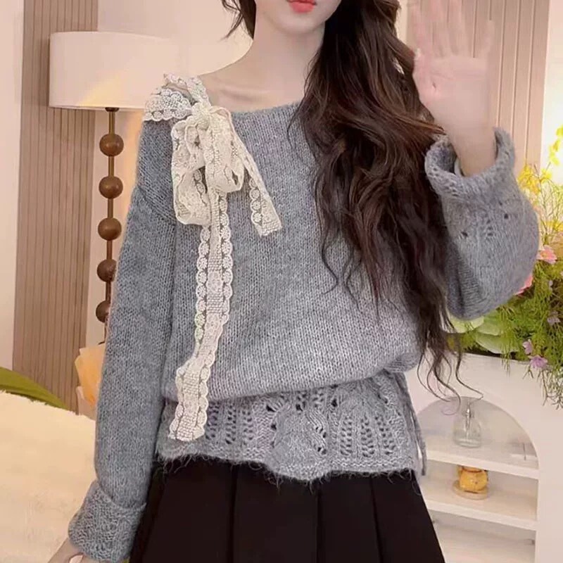 甜美蝴蝶结镂空针织衫毛衣女早秋新款设计感小众宽松显瘦上衣外套|undefined
