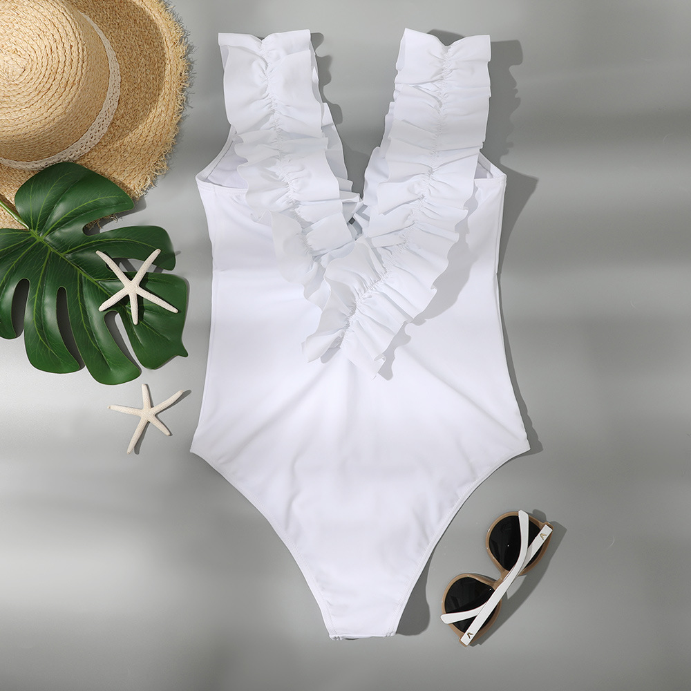 new ladies white solid color onepiece swimsuit European and American ruffled swimsuitpicture4