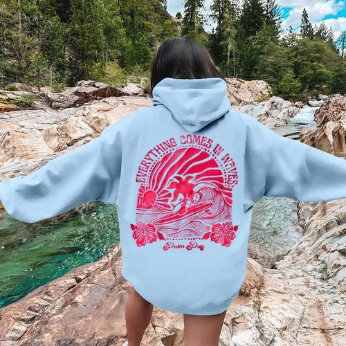 2024 New Cross-Border European Code Women's Drop Shoulder Sweatshirt Hoodie with Chasing Sunsets Print