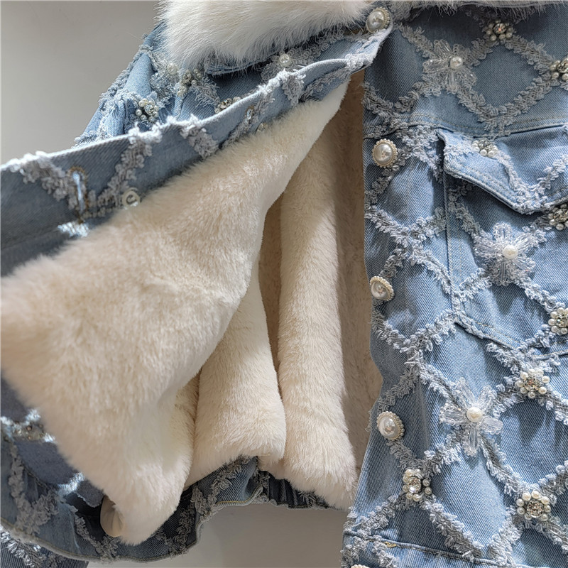 Jacquard diamante denim cristal flor clavos perlas industria pesada acolchado denim abrigo de nicho de diseño de algodón image 4