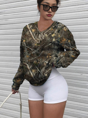 Spring and Autumn Camouflage Tree Branch Pattern Minimalist V-Neck Long-Sleeve Women's Sweatshirt Hot Item