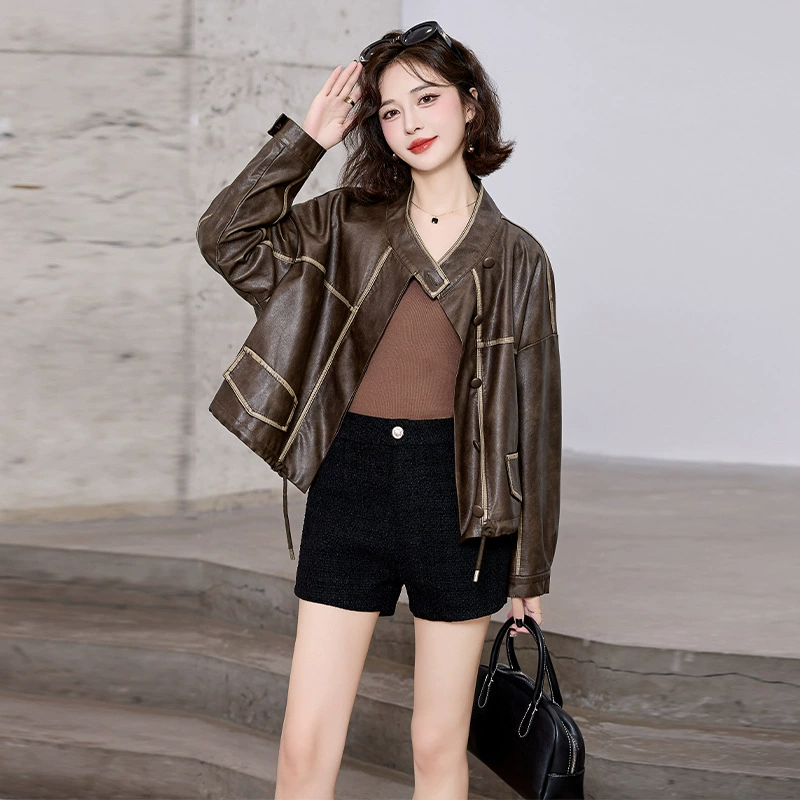 Autumn short polyurethane jacket, drawstring, high-quality style
