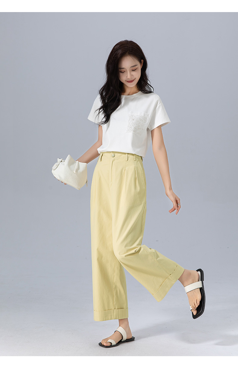 Quần culottes nữ ống rộng cạp cao chất liệu cotton wash — màu vàng chi tiết 27