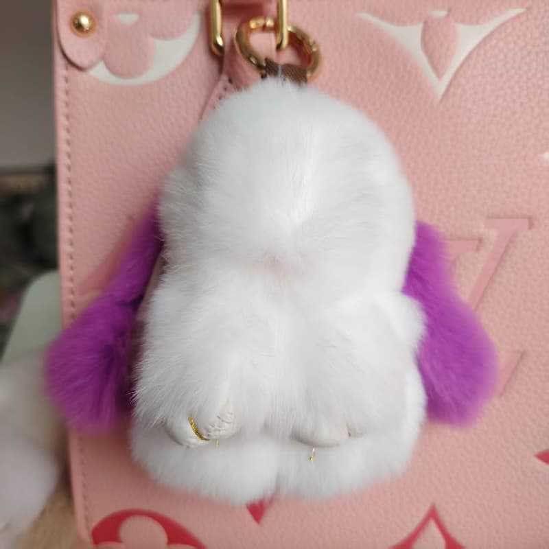 Llavero Colgante de Conejo de Piel de Conejo Rex Cosido a Mano para Bolsos y Mochilas