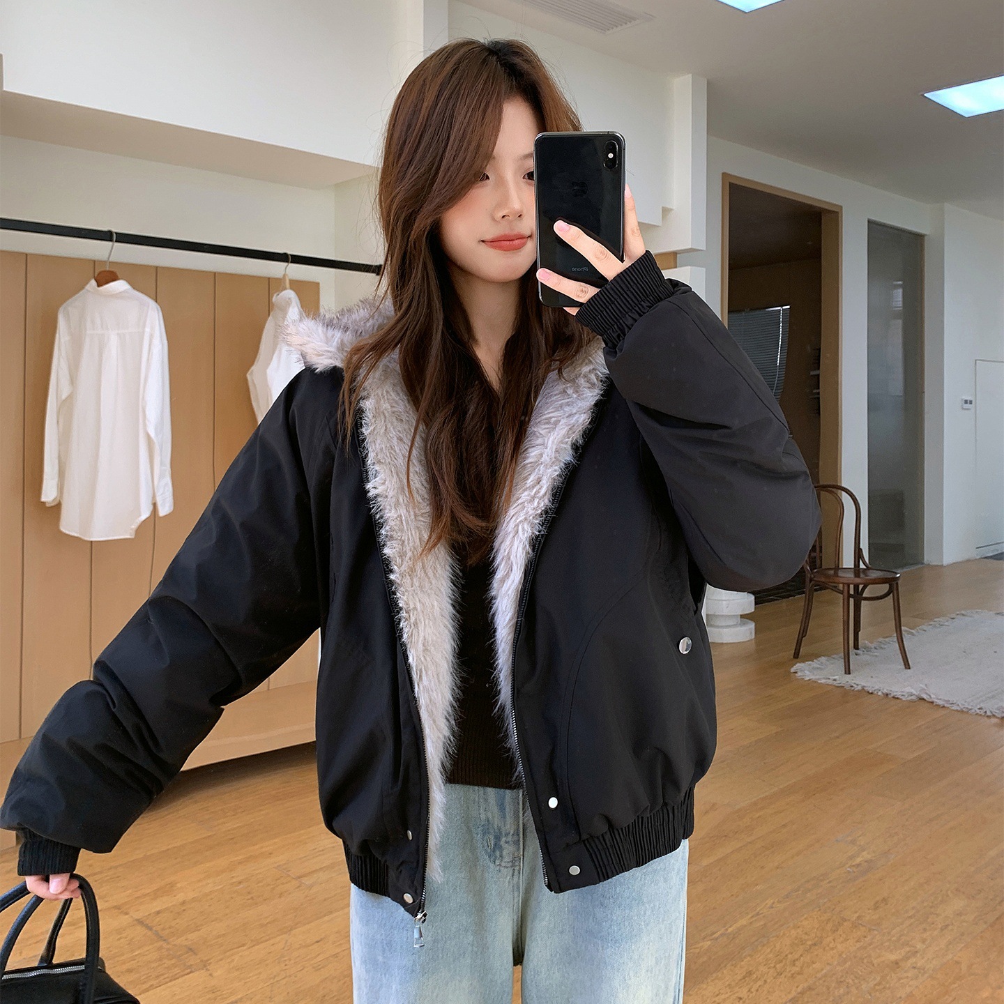 短款小个子座山雕美式复古毛领连帽棉服外套2025冬季加厚棉衣美女