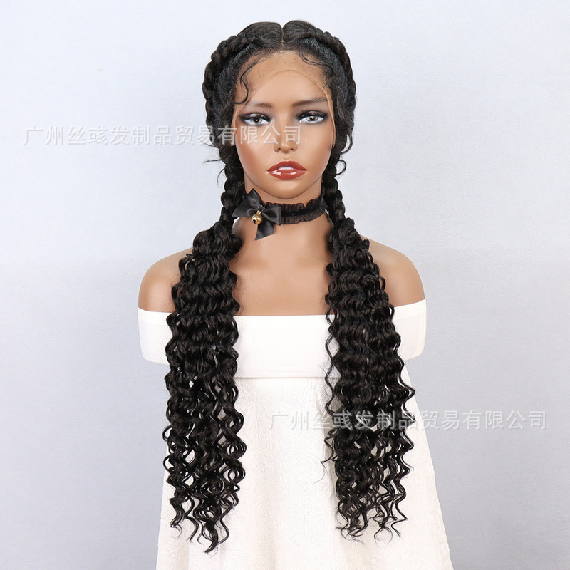 Cross Border Front Lace Wig Braid Double Ponytail Curls Mixed Color Japanese Silk Braid lace wig