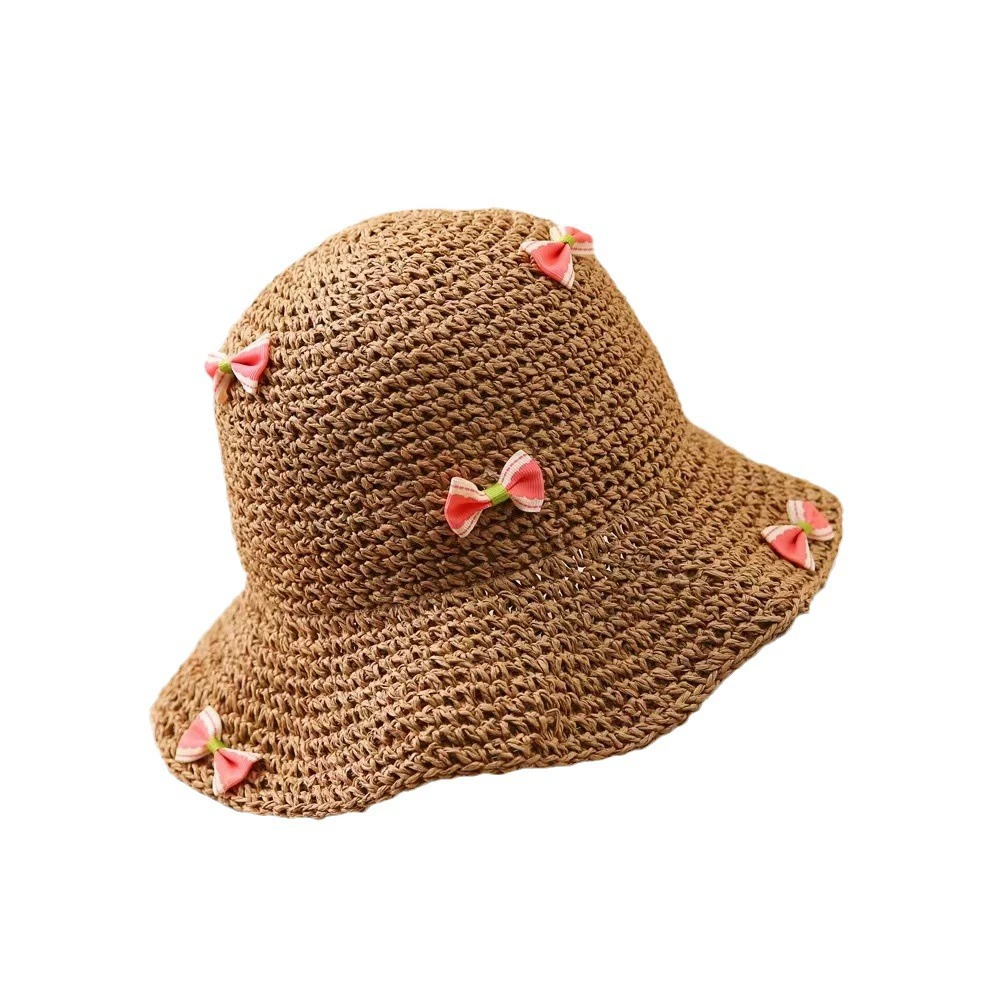Соломенная летняя панама: защита от солнца, корейский стиль, 56–58 см; Cherry-beige, Cherry-khaki, с бантом beige/khaki