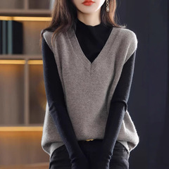 春と秋の新型ウールのベスト女性は底を打つ洋気vネックの肩の袖なしのセーターのベストのニットを着ます。