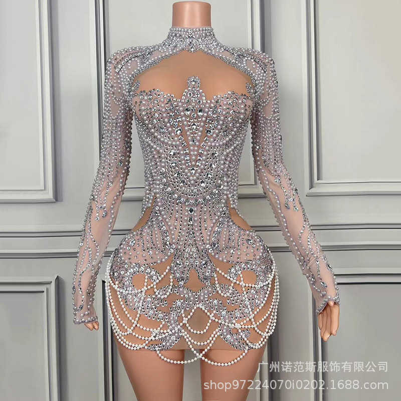 European and American Style Silver Nude Color Waist-Cinching Sexy Hip-Hugging Cocktail Party Evening Socialite Birthday High-End Dress