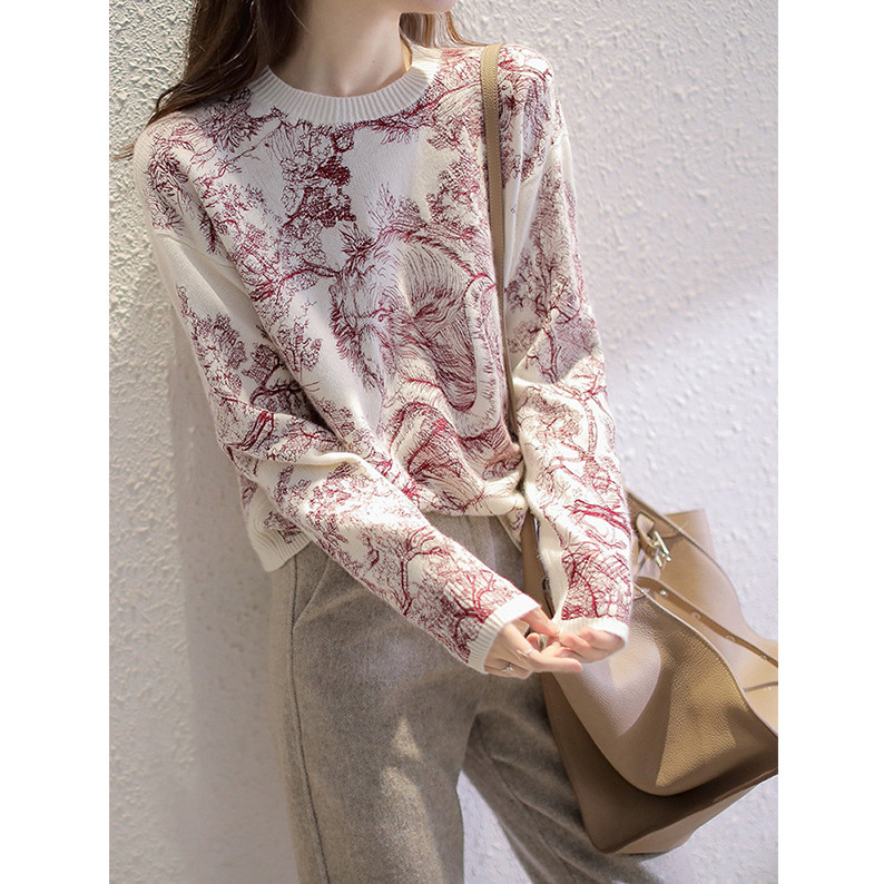 European Style Elegant Fashion Ink Painting Printed Sweater Women's Autumn and Winter New Long Sleeve Pullover Loose Base Sweater