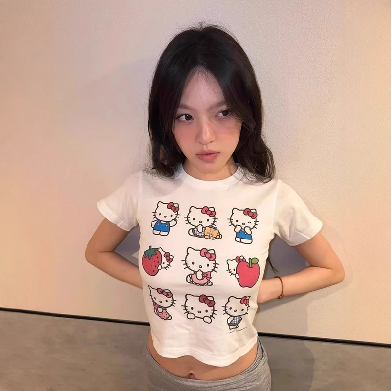 Hello Kitty Printed Right Shoulder Short-Sleeved T-Shirt for Women Summer 2025 New Sweet and Cute Slimming Look Short Top