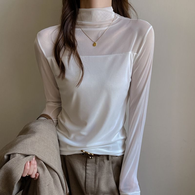 Pure Desire Half Turtleneck Long Sleeve Bottoming Shirt Women's Inner Wear Autumn and Winter High-Quality Mesh Spliced T-Shirt Slim Top