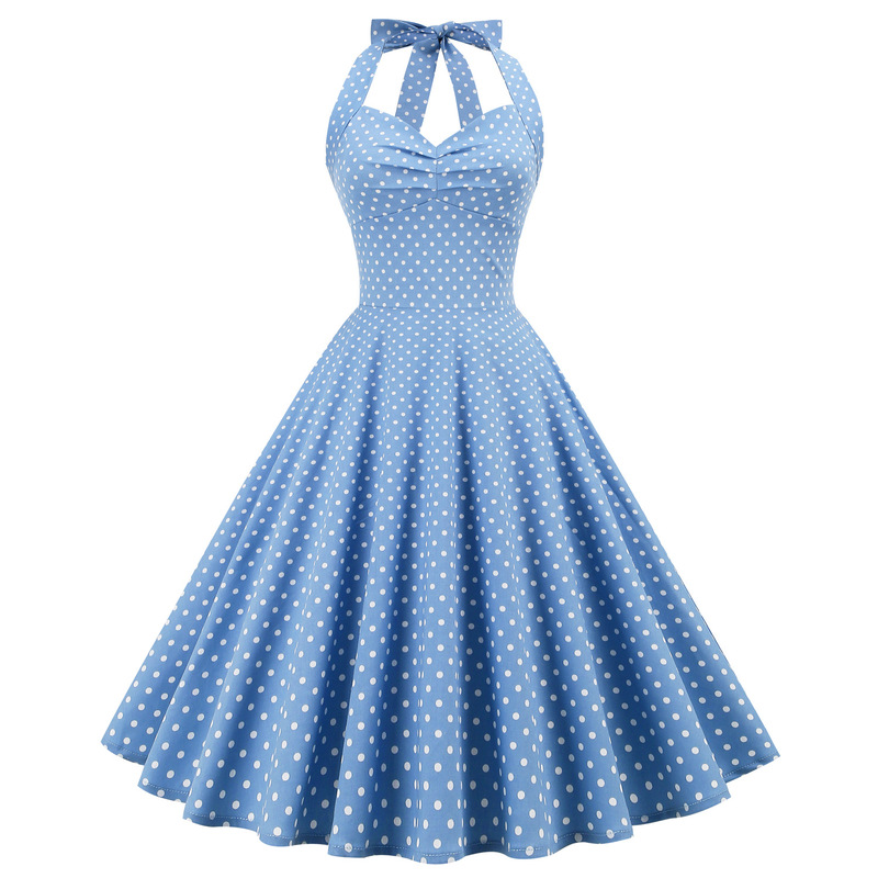 Vintage Polka Dot Halter Neck Backless Tie Slim-Fit Waist-Cinching Court-Style Flared Dress Women's Mid-Length Camisole Dress